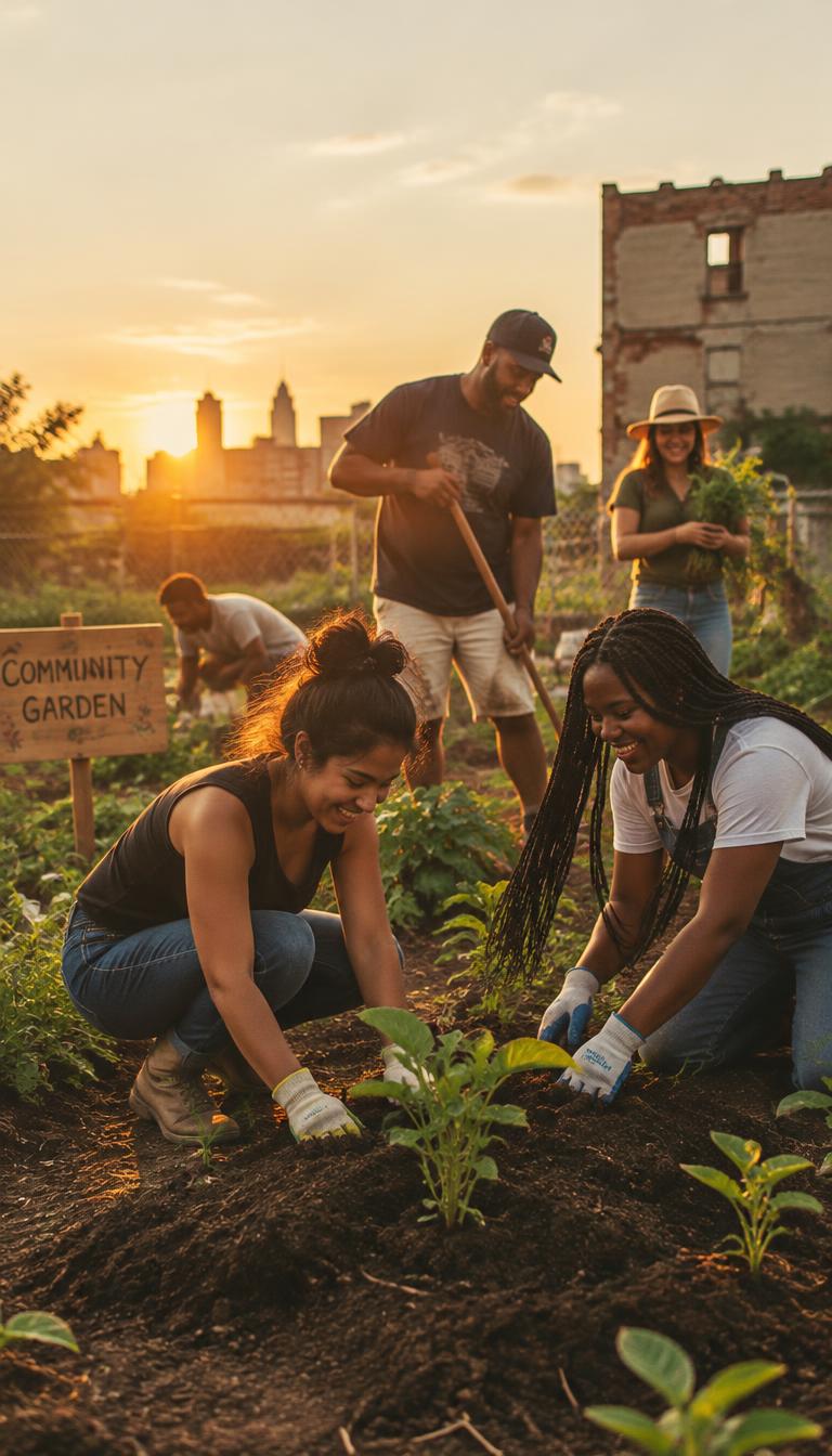 Neighbors kneeling in fresh soil planting seedlings on a city lot at sunset.