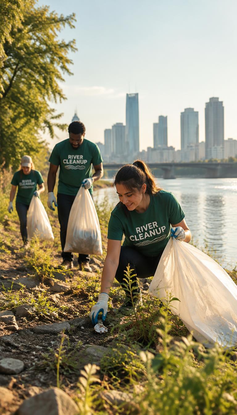 Volunteers in green shirts picking up litter along a riverbank with a skyline behind.